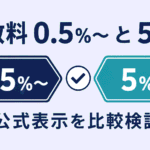 えんナビの公式表示に見られる手数料「0.5%〜」と「5%〜」という2つの数字を並べ、公式情報を比較検証していることを示すイラスト