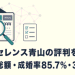 料金表カードと虫眼鏡、会員ネットワークのノードを組み合わせ、エクセレンス青山の評判・料金総額・成婚率85.7%を検証する記事であることを示すアイキャッチイラスト