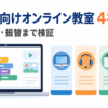 パソコン画面と4つの比較アイコンを組み合わせたイラストで、小学生向けオンラインプログラミング教室4社の料金・PC・振替条件を比較する記事であることを表しています。