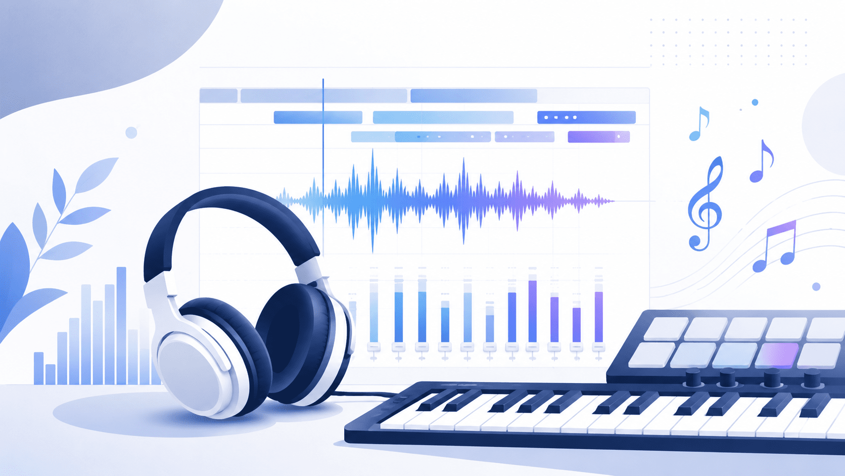 ぺんすと音楽制作所のオリジナル楽曲制作をイメージした、ヘッドホンや波形、音楽制作機材のイラスト