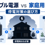 ポータブル電源と家庭用蓄電池を並べ、停電対策としての違いを比較する様子を示したイメージ図